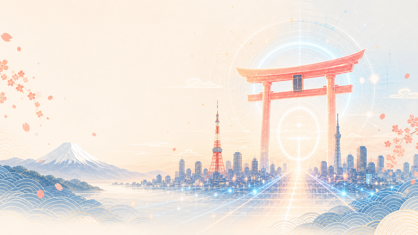 Tokyo skyline, Mount Fuji, a torii gate, and a soft futuristic light path.
